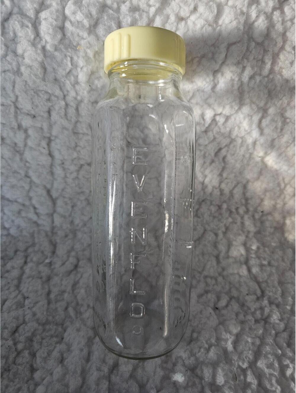 Vintage Evenflo Glass Baby Bottle Clear No Nipple Yellow Cap Cover USA 6.5" 8oz